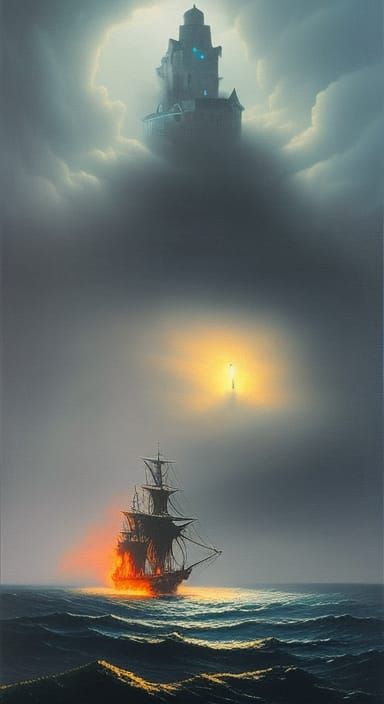 Ghost Ship Attacks Island Fortress in Dark Fantasy Style