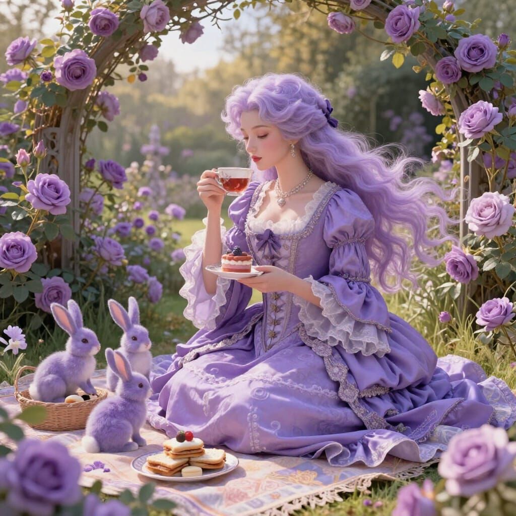 18th Century Fashionista Enjoys Tea in Purple Rose Garden