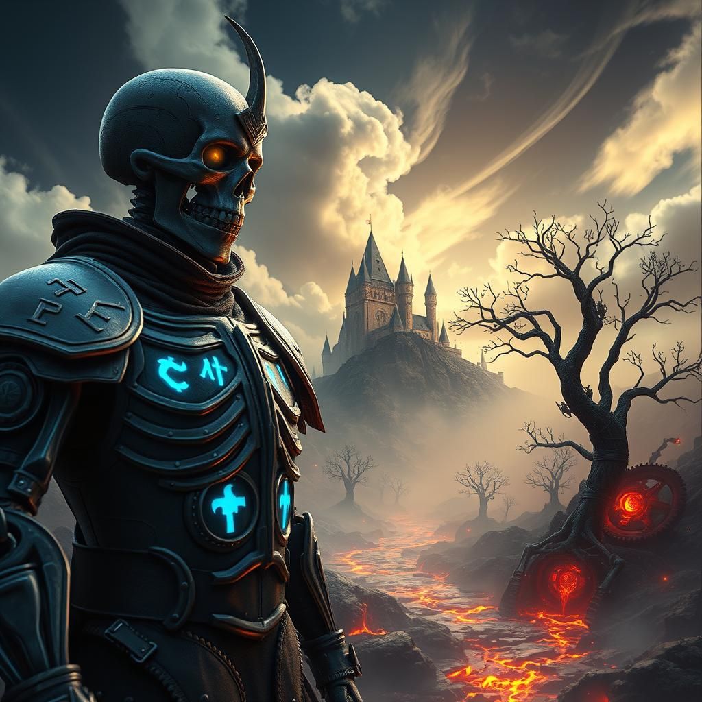 Skeletal Knight on Mechanical Steed in a Vivid Landscape