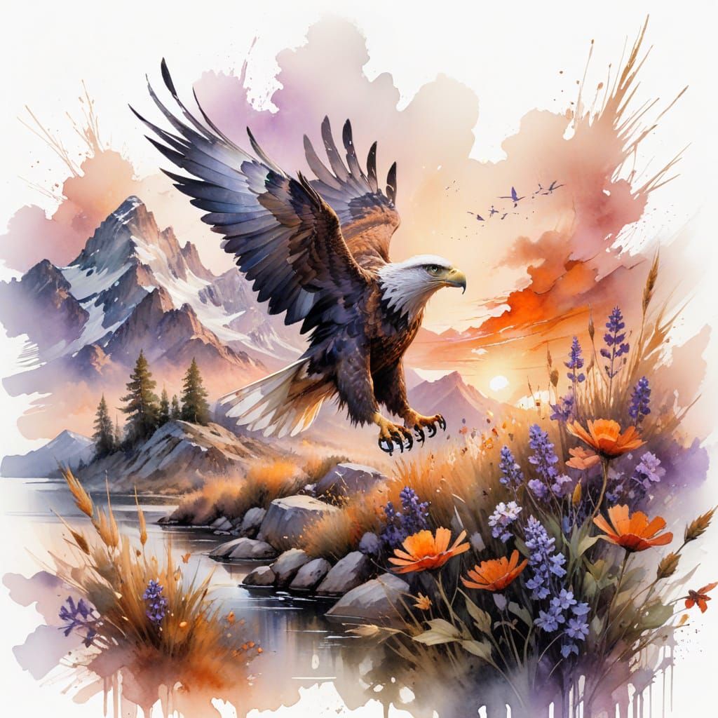 Sunset Mountain Lake Reflection with Soaring Eagle