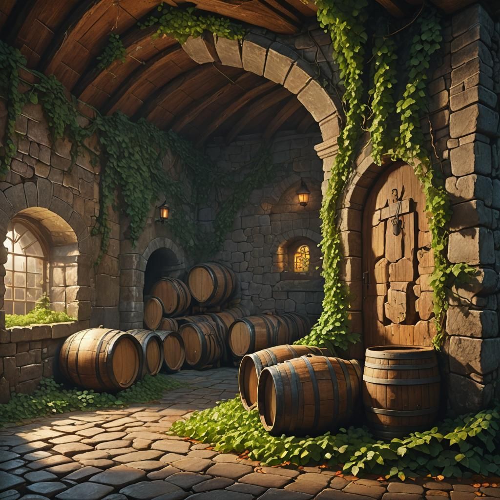 Cellar with Oak Barrels and Ivy, Fantasy Concept Art