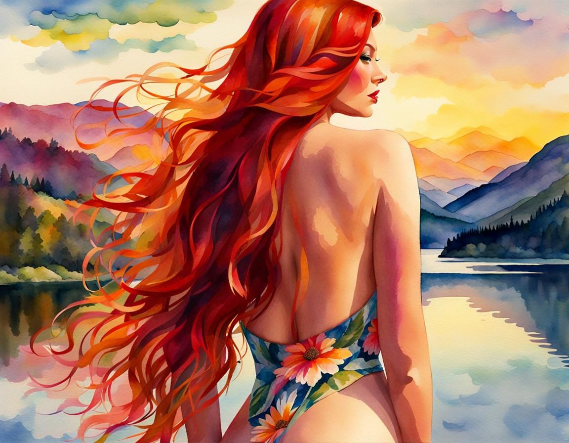Redhead Woman in Lake District Sunset: Watercolor Art