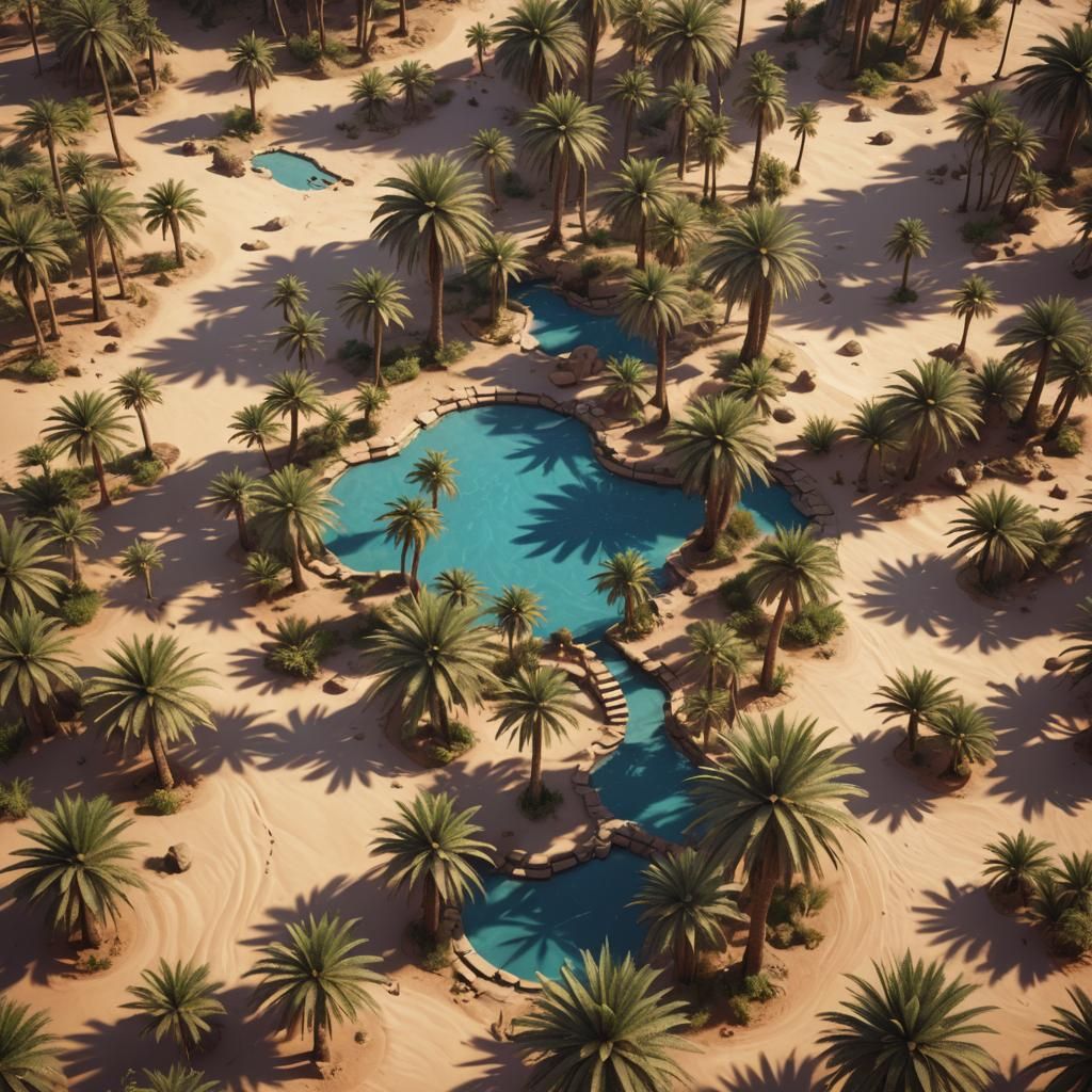 oasis in flat sandy desert