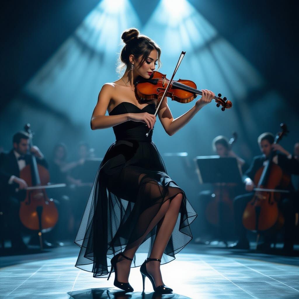 Elegant Violinist Performs on Stage with Dramatic Lighting