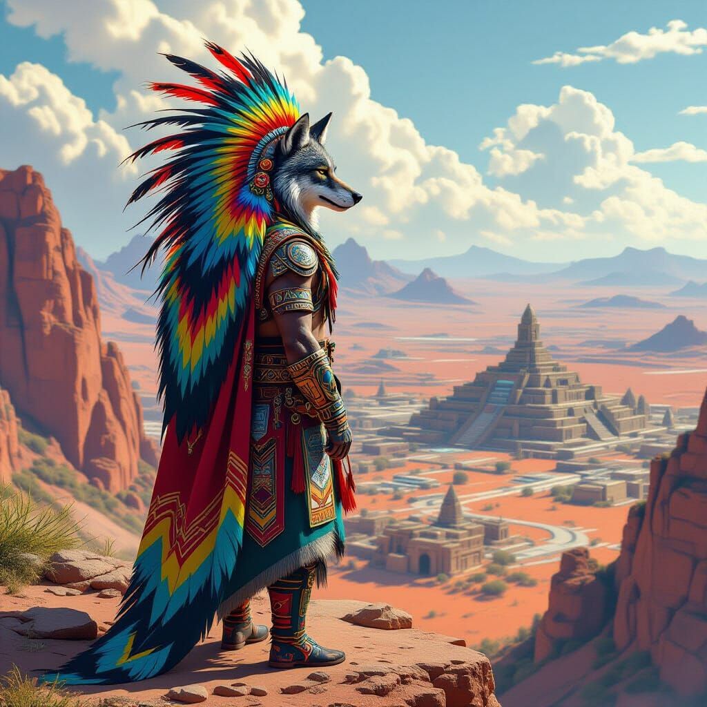 Wolf Warrior Overlooking Futuristic Desert Oasis
