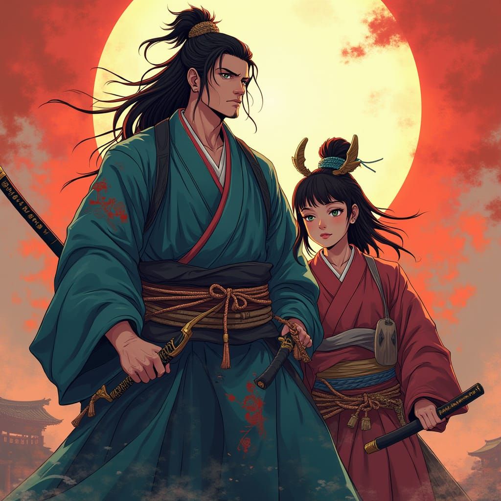 Epic Samurai and Dwarf Encounter in Vibrant Anime Style