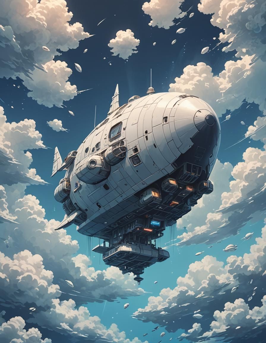 Underwater Spaceship Amidst Clouds: Anime Art Illustration