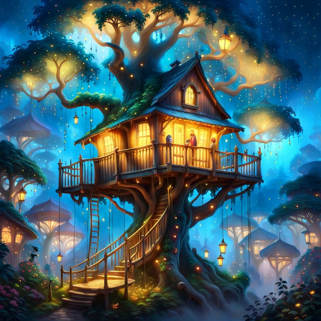 Mystical Treehouse at Night in Anime Style