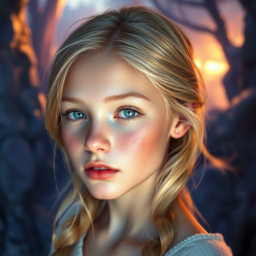 Blonde Teenager in Dreamlike Realism Landscape