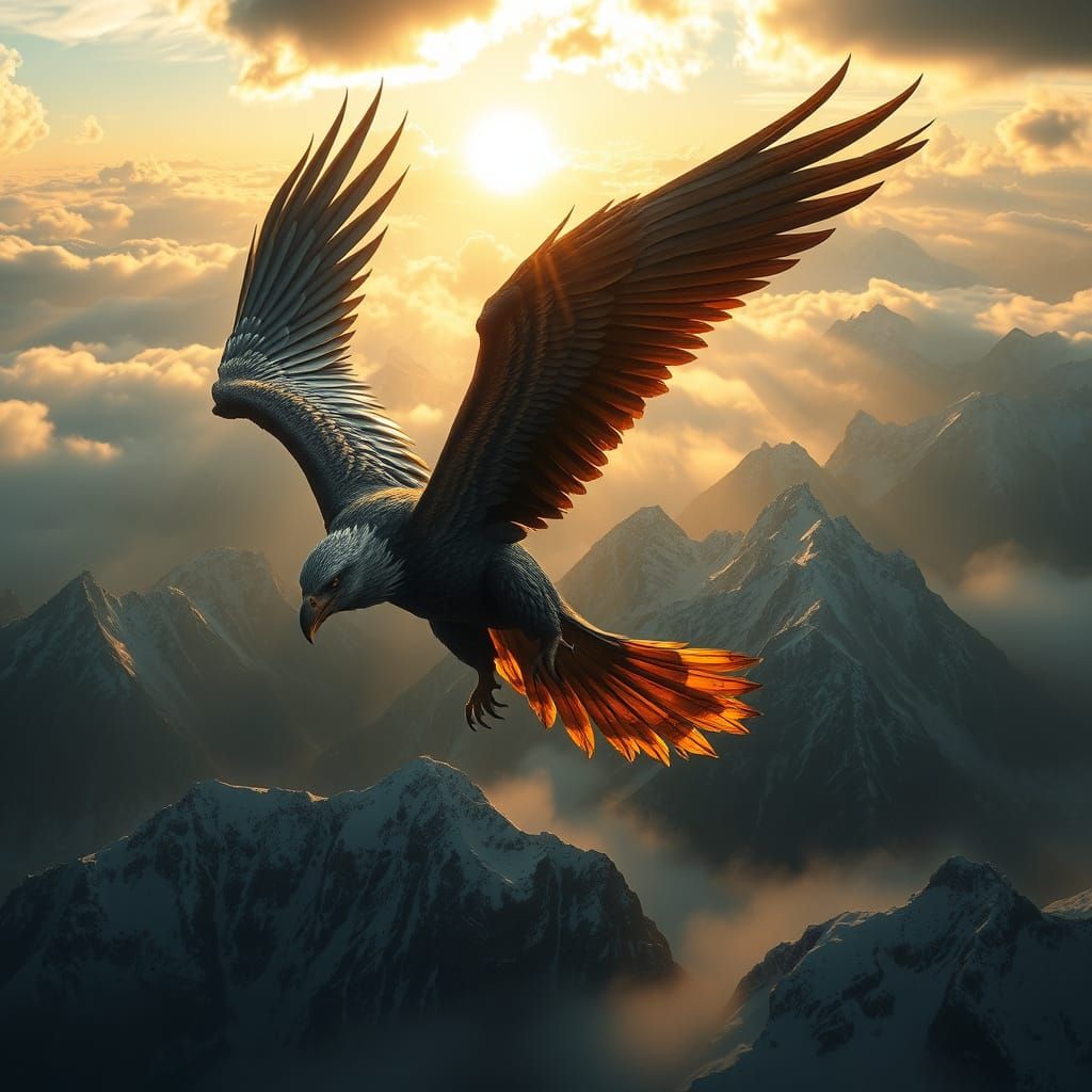Griffin Soaring Over Misty Mountains: Matte Painting