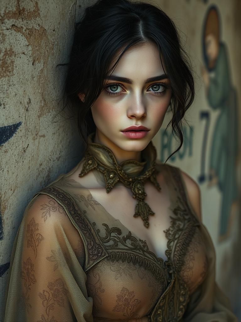 Melancholic Byzantine Woman Dissolving Into Digital Decay