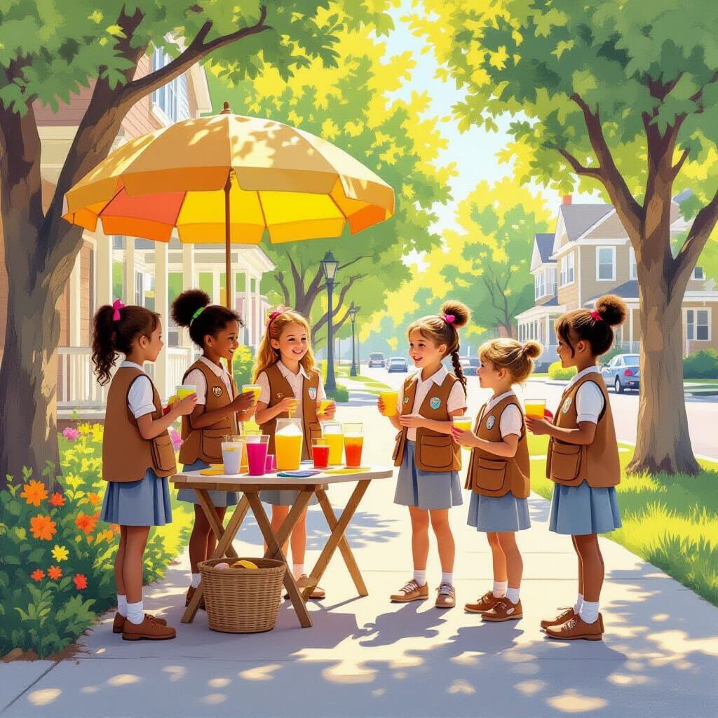 Girl Scouts Sell Lemonade in Vibrant Storytelling Style