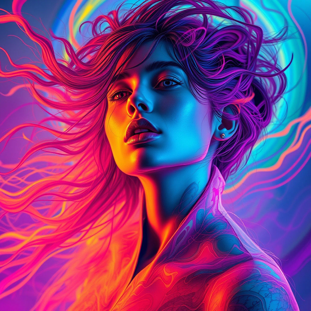 Psychedelic Woman Portrait in Neon Streaks