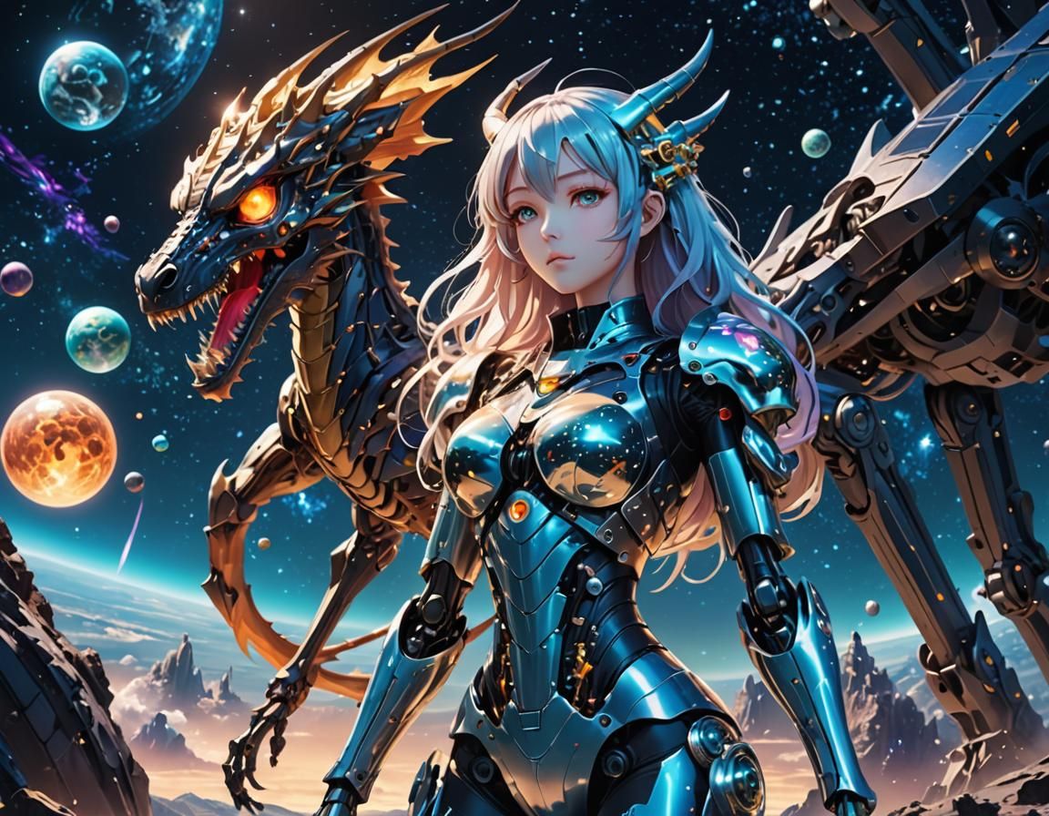 Anime Dragon Girl in Cyberpunk Outer Space