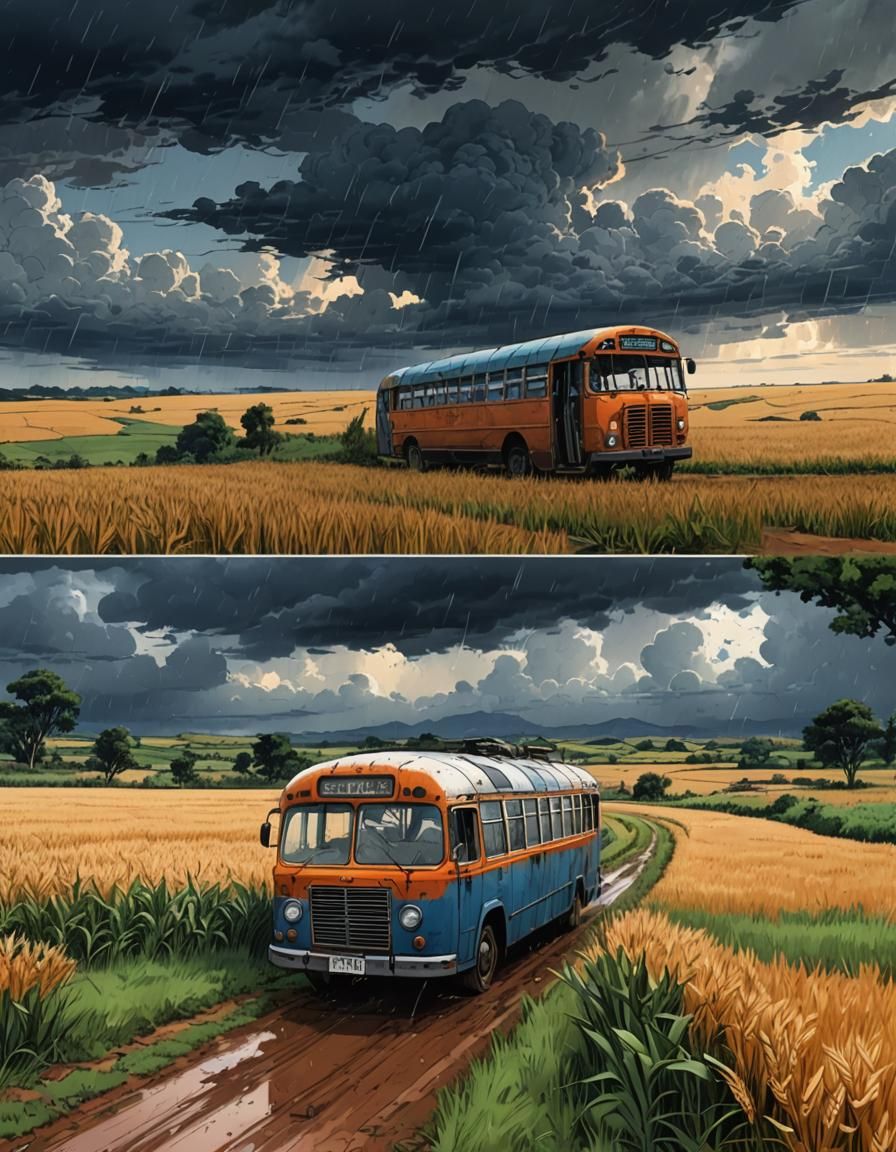 Anime Style: Old Bus on Stormy Day