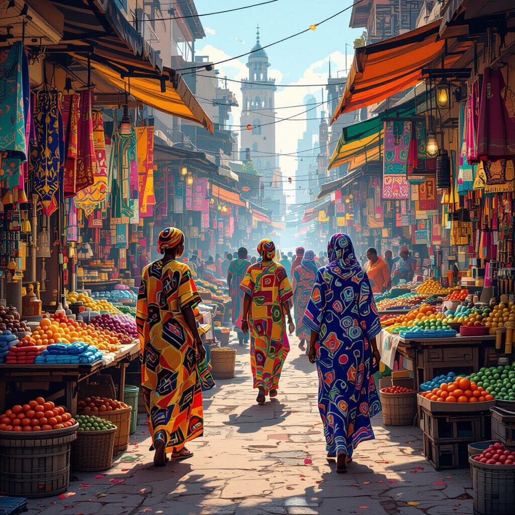 Futuristic African Marketplace with Holographic Fabrics