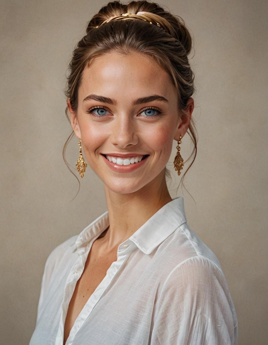 Smiling Brunette with Blue Eyes in White Blouse