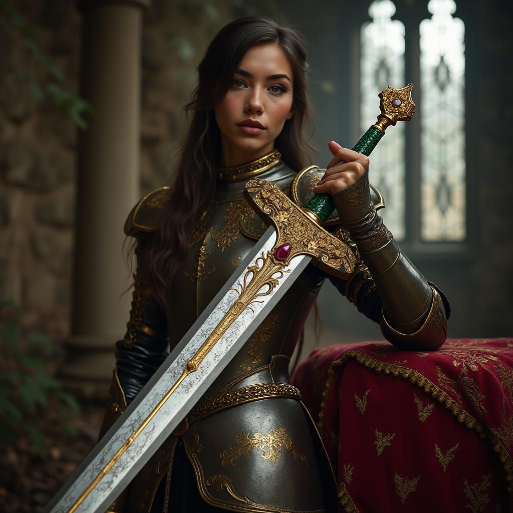 Medieval Knightess in Ornate Armor Wields Exquisite Sword