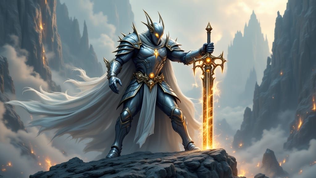 Triumphant Armored Knight on Mountain Peak