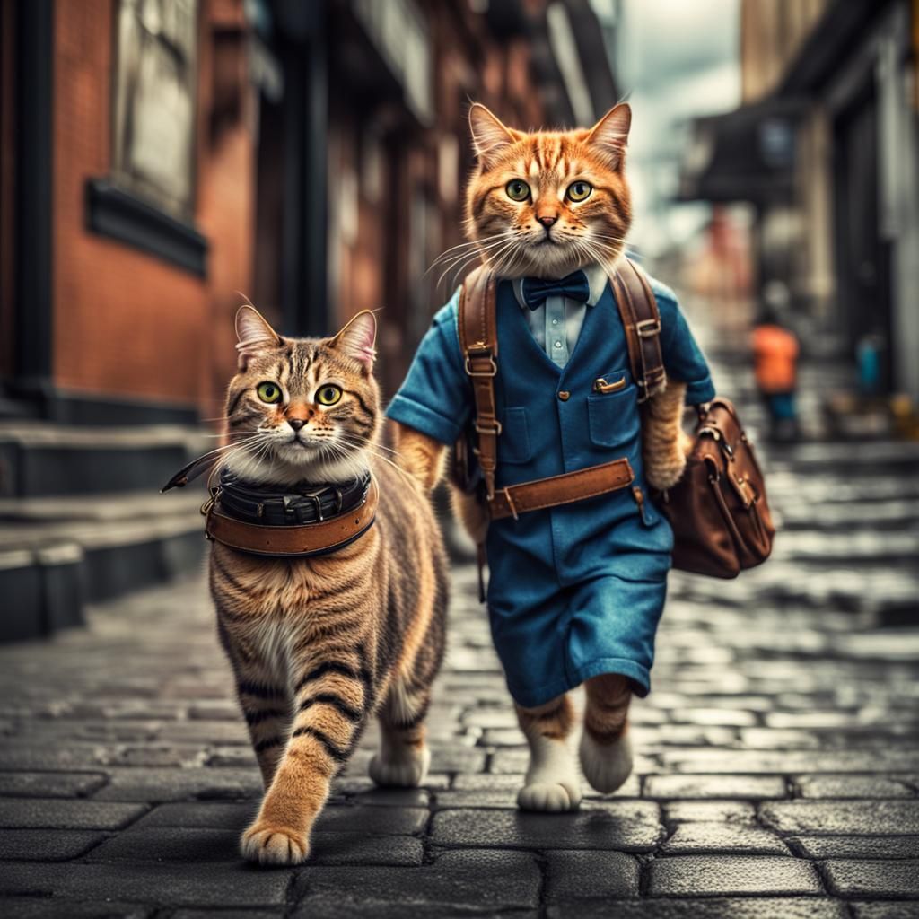 Hyperrealistic Cat's Happy Workday with Friend