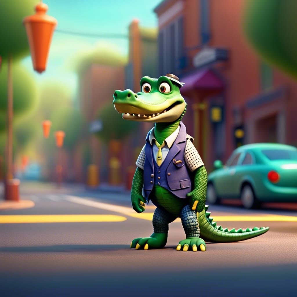 Alligator in Vest Crossing Street: Pixar-Style 3D Art