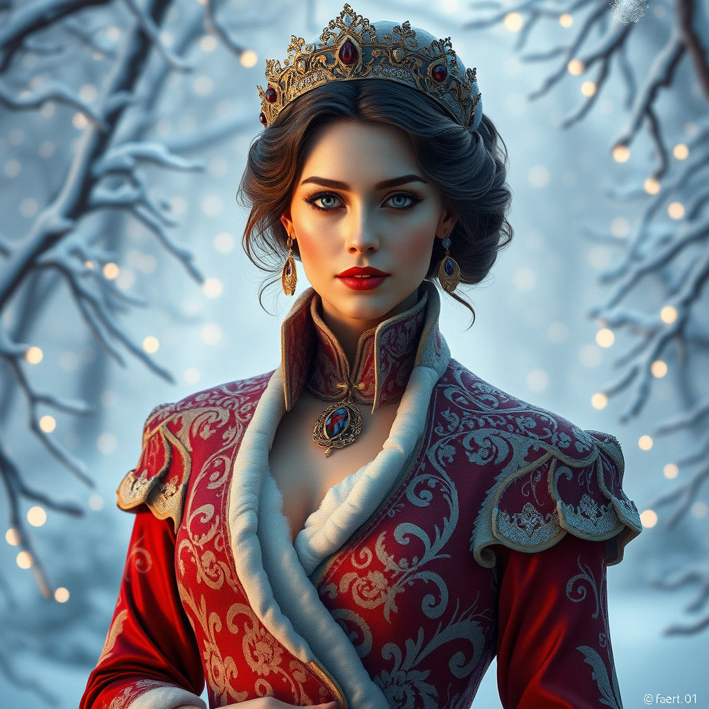 Regal Woman in Winter Wonderland, Art Nouveau Style