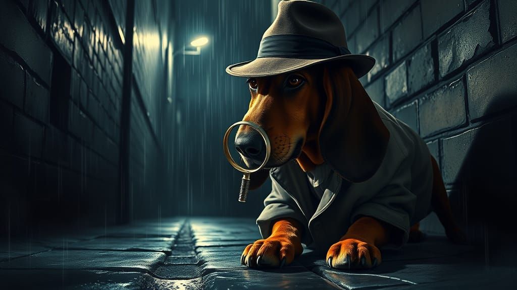 Basset Hound Detective in Film Noir Alleyway