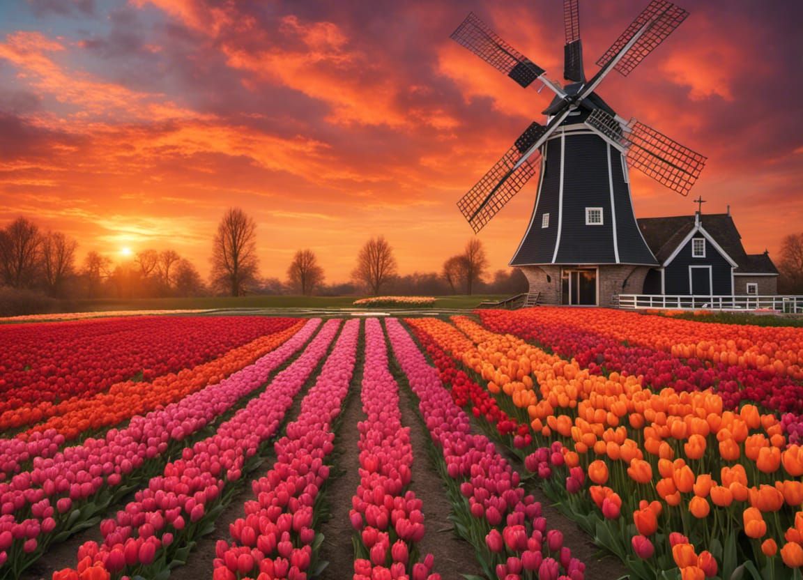 Dutch Windmill at Sunset with Tulips