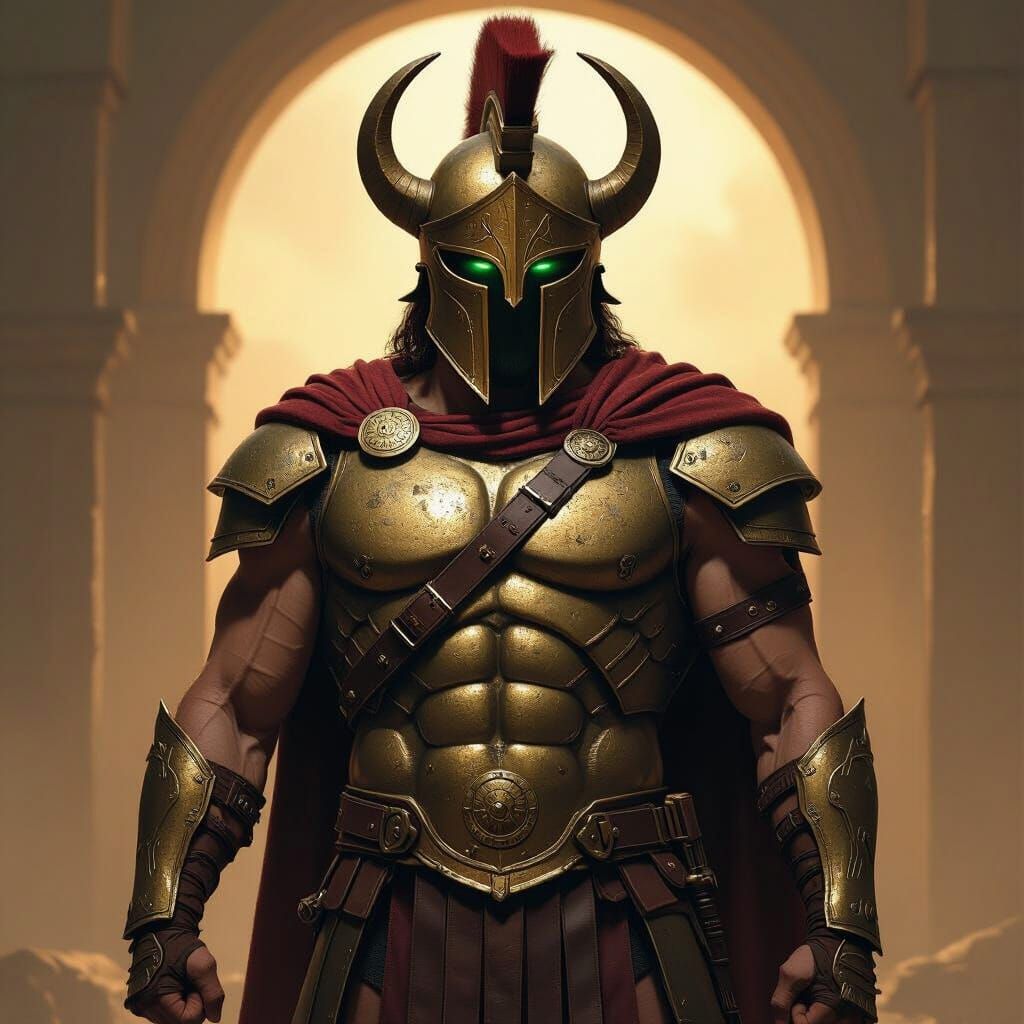 Spartan Warrior in Futuristic Armor with Horned Helmet