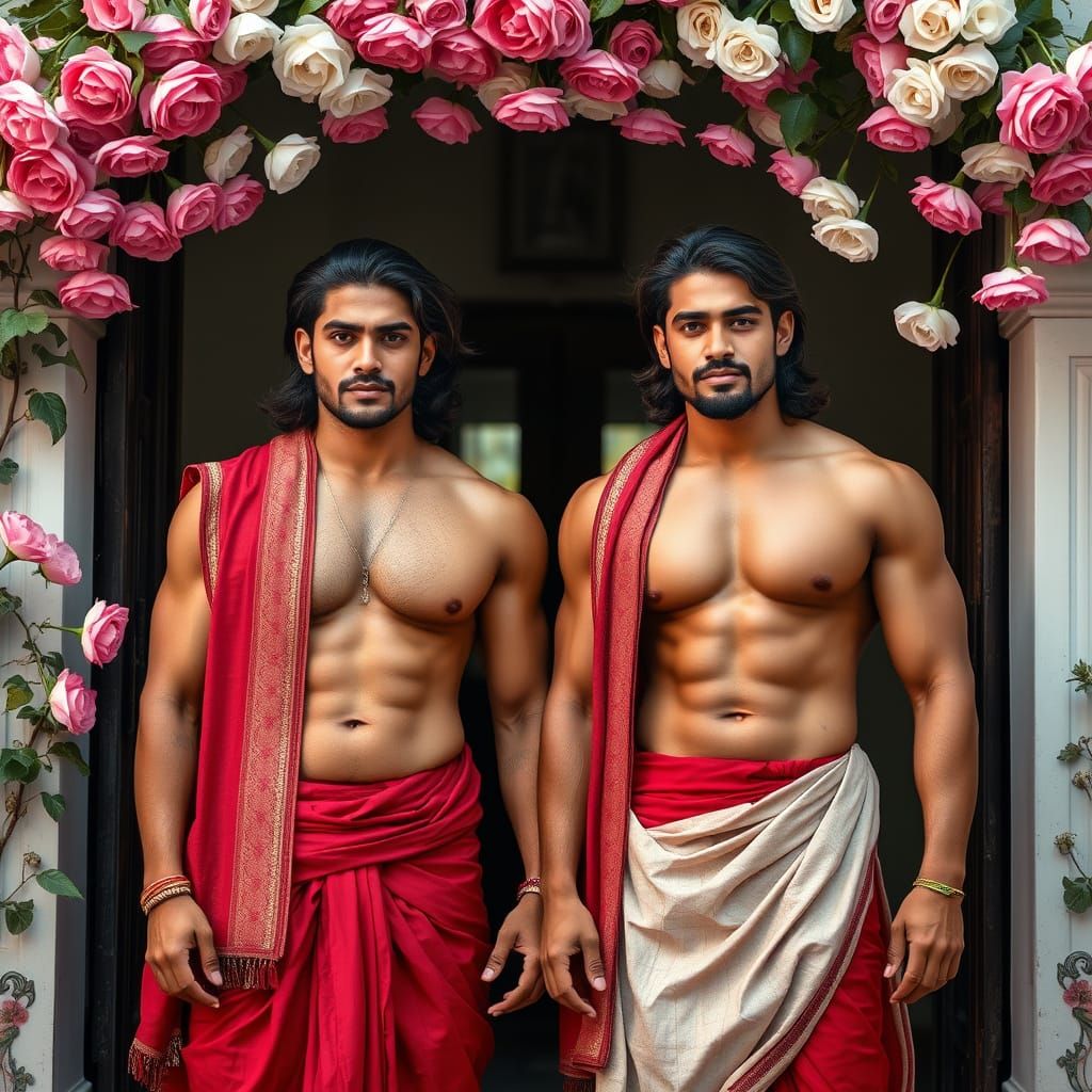 Indian Men in Red Dhotis Under Rose Archway