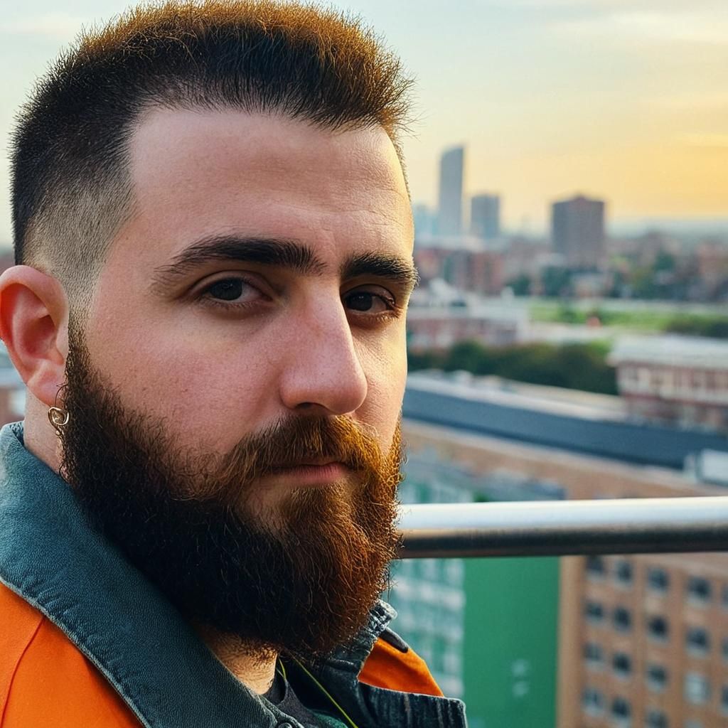 Bearded Man on Balcony at Sunset in Triadic Colors