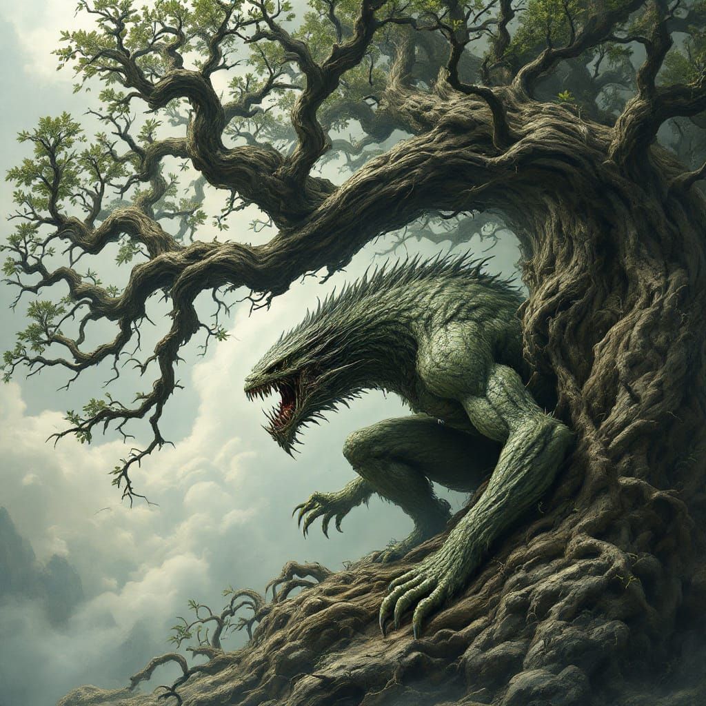 Monster Climbing the Tree of Life in Dark Surrealism