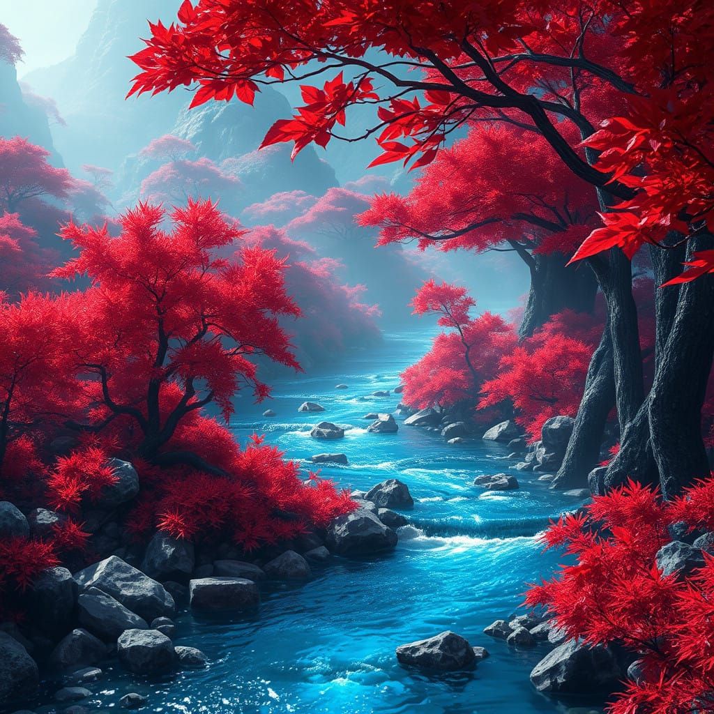 Majestic River in Vibrant Crystal Forest