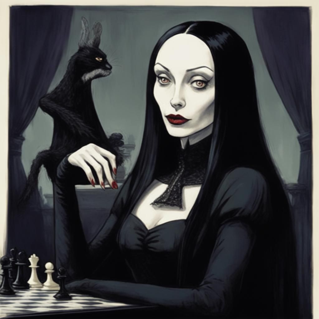 Morticia Addams in Gothic Chess Match