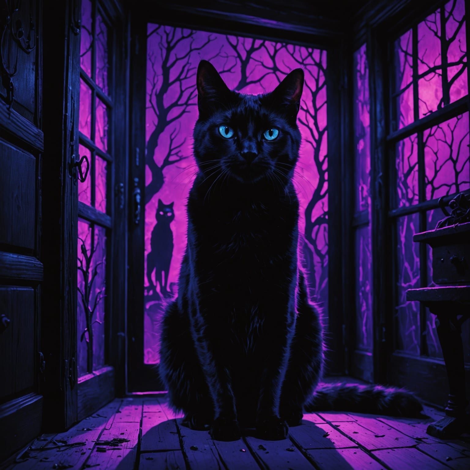 Black Cat Illuminated in a Haunted Abode