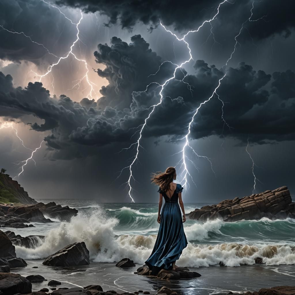 Eerie Seascape: Girl Amidst Lightning Storm in Dark Fantasy ...