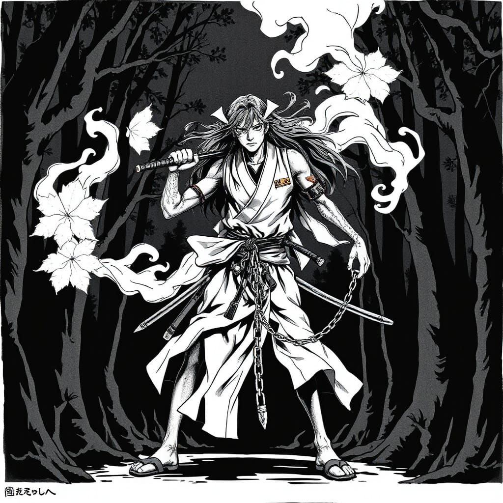 Powerful Ronin in Dark Forest, Manga Tattoo Style
