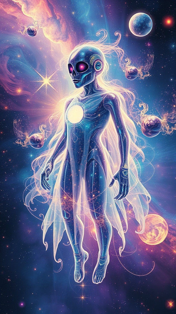 Ghostly Robot in Galaxy, in Visionary Art Style