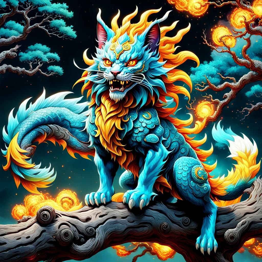 Fiery Feline Fantasy Art: Ornate Dragon Cat