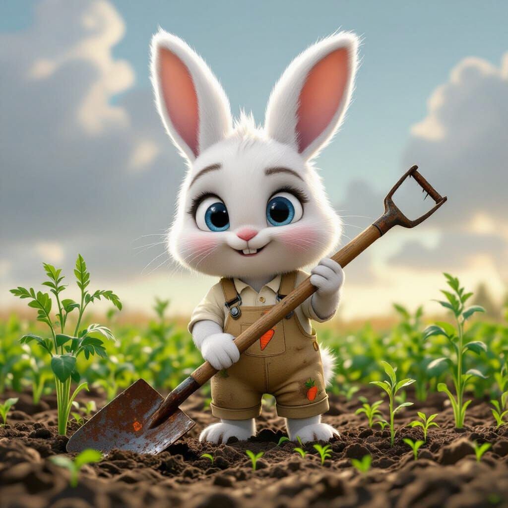 Cute Anthropomorphic Rabbit Planting Carrots, Pixar Style