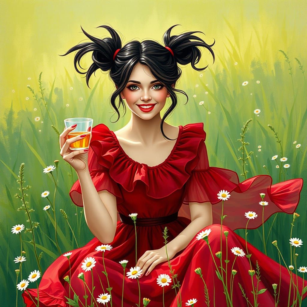 Woman in Crimson Red Dress with Delicate Glass in Meadow
