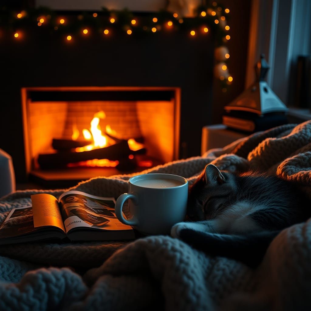Cozy Evening with Fireplace, Cat, and Hot Cocoa