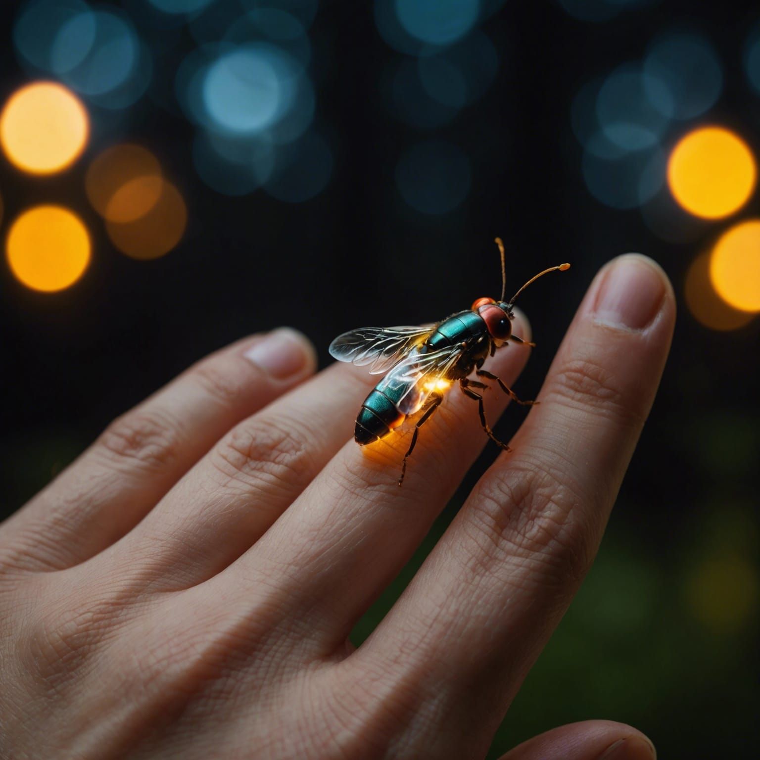 Realistic Firefly Glowing on a Finger