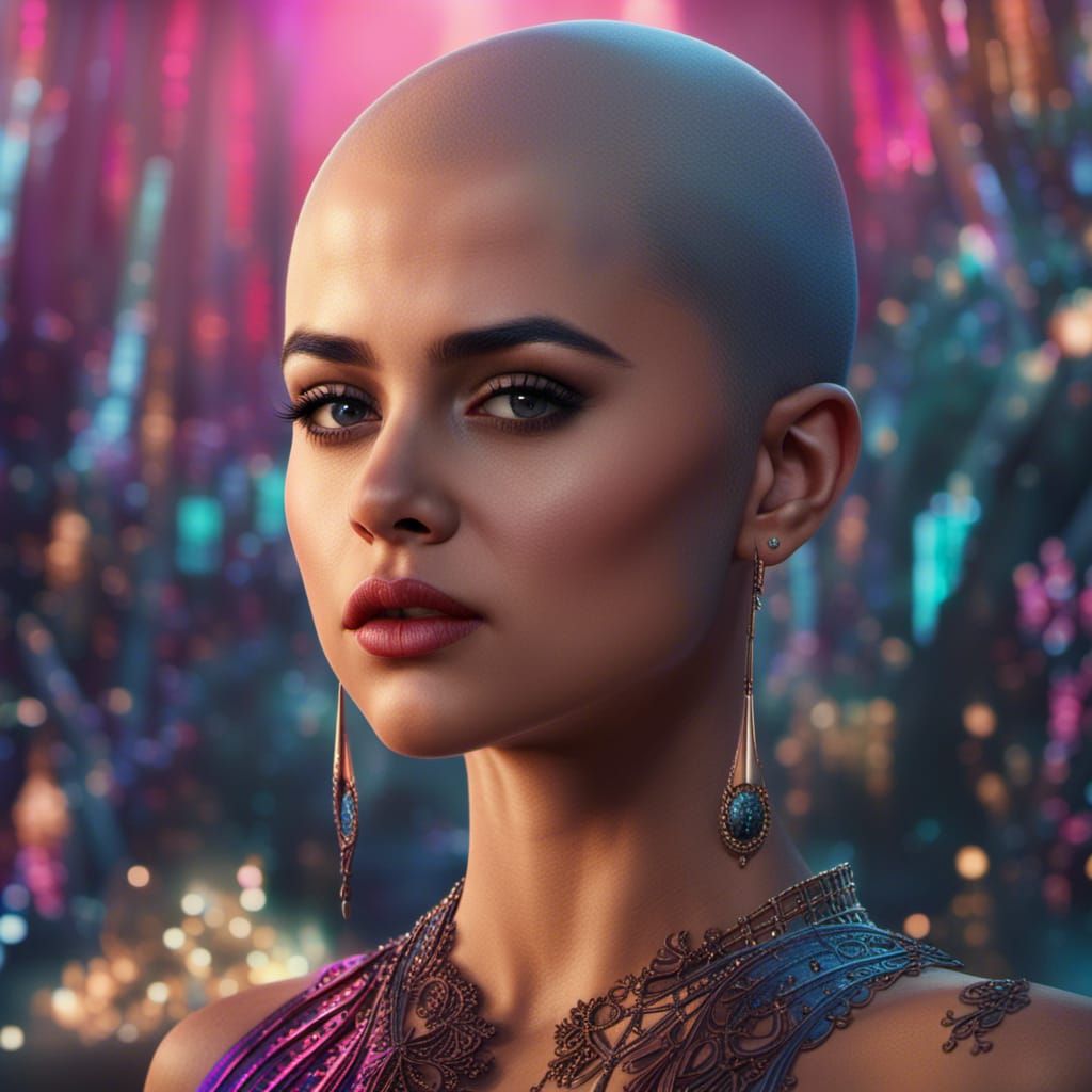Selena Gomez Bald Head Portrait in Fantasy Art