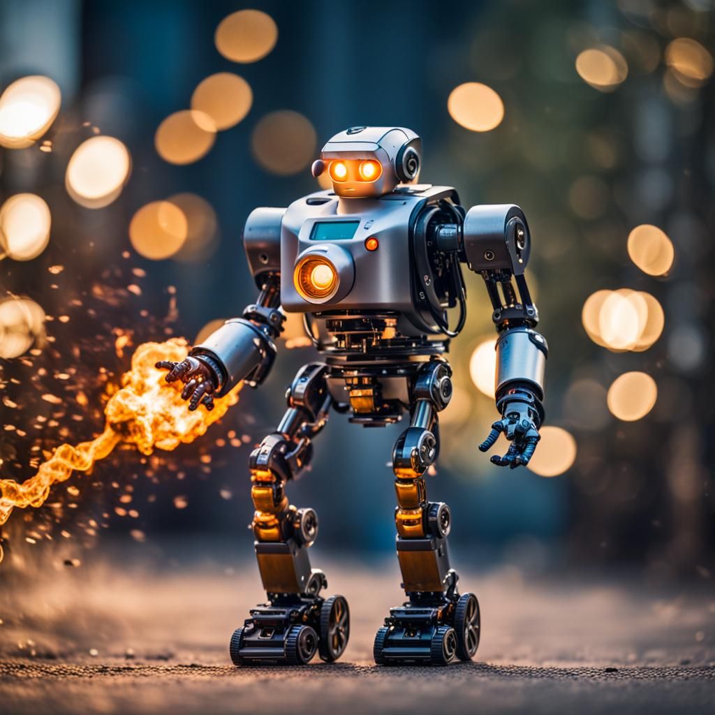 Humanoid Robot with Flamethrower: Professional Photography