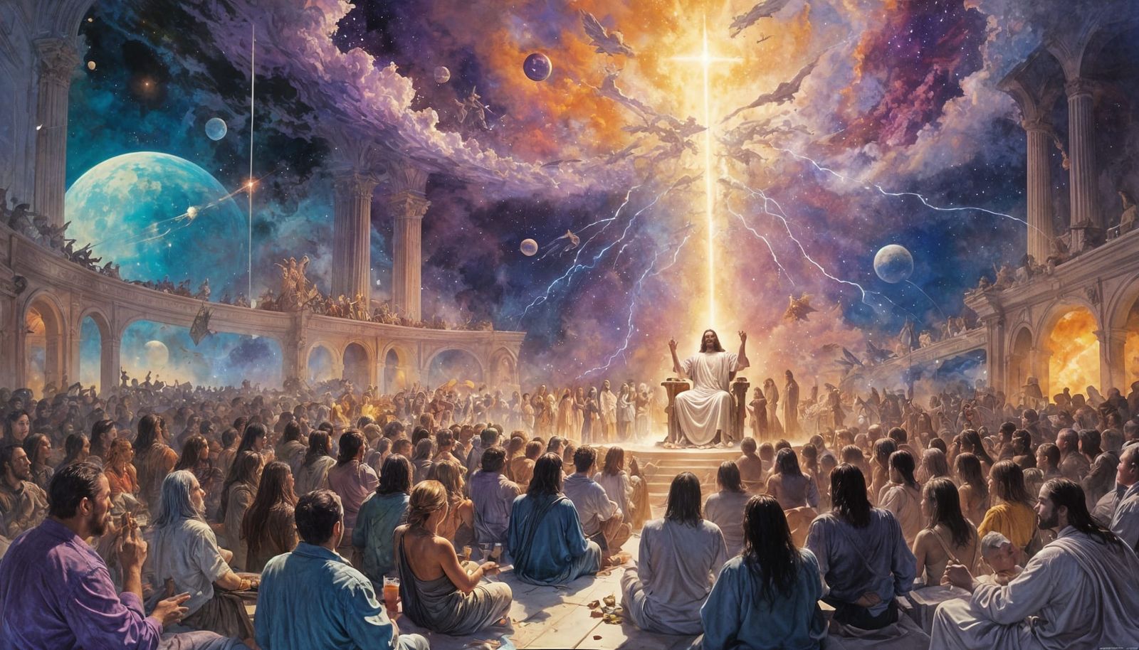 Heavenly Banquet: Jesus Enthroned in Cosmic Watercolor