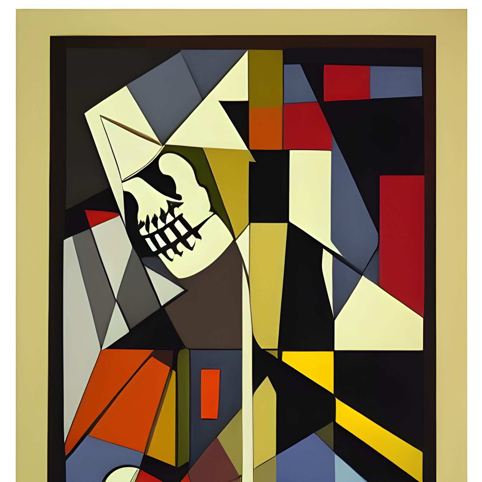 Skeleton Standup Act in Abstract Cubism Style