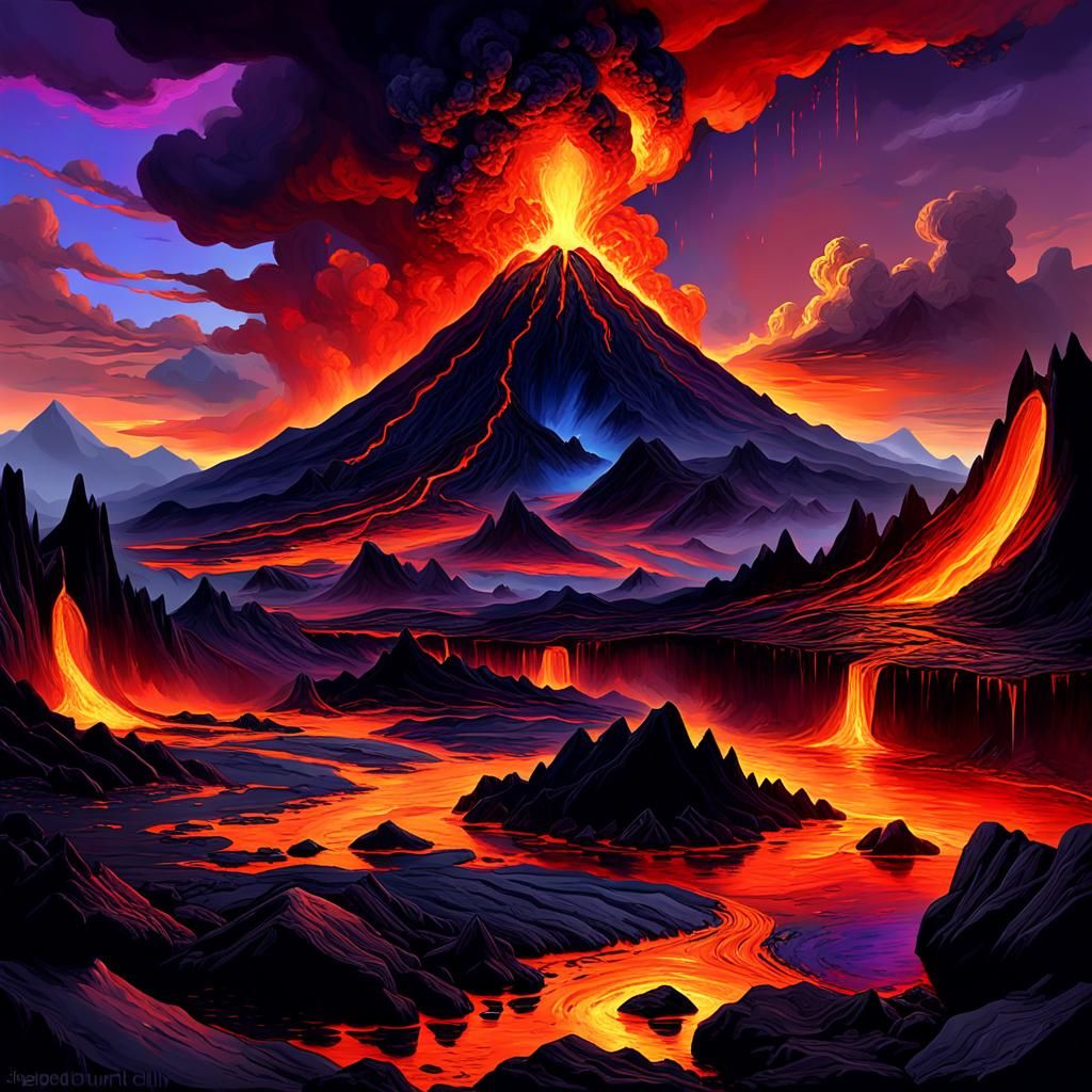Volcanic Landscape at Twilight in Digital Art Style