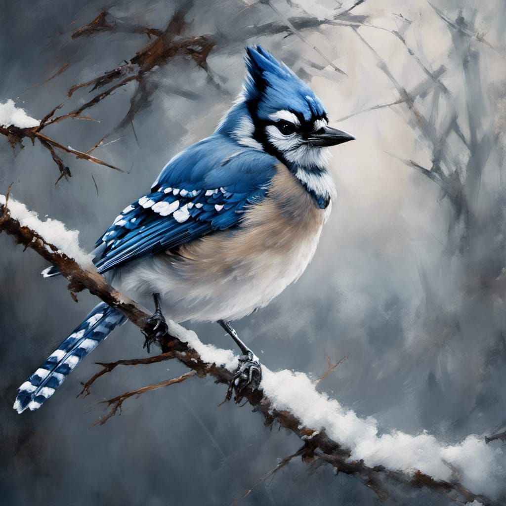 Bluejay on Snowy Branch in Digital Oil Painting
