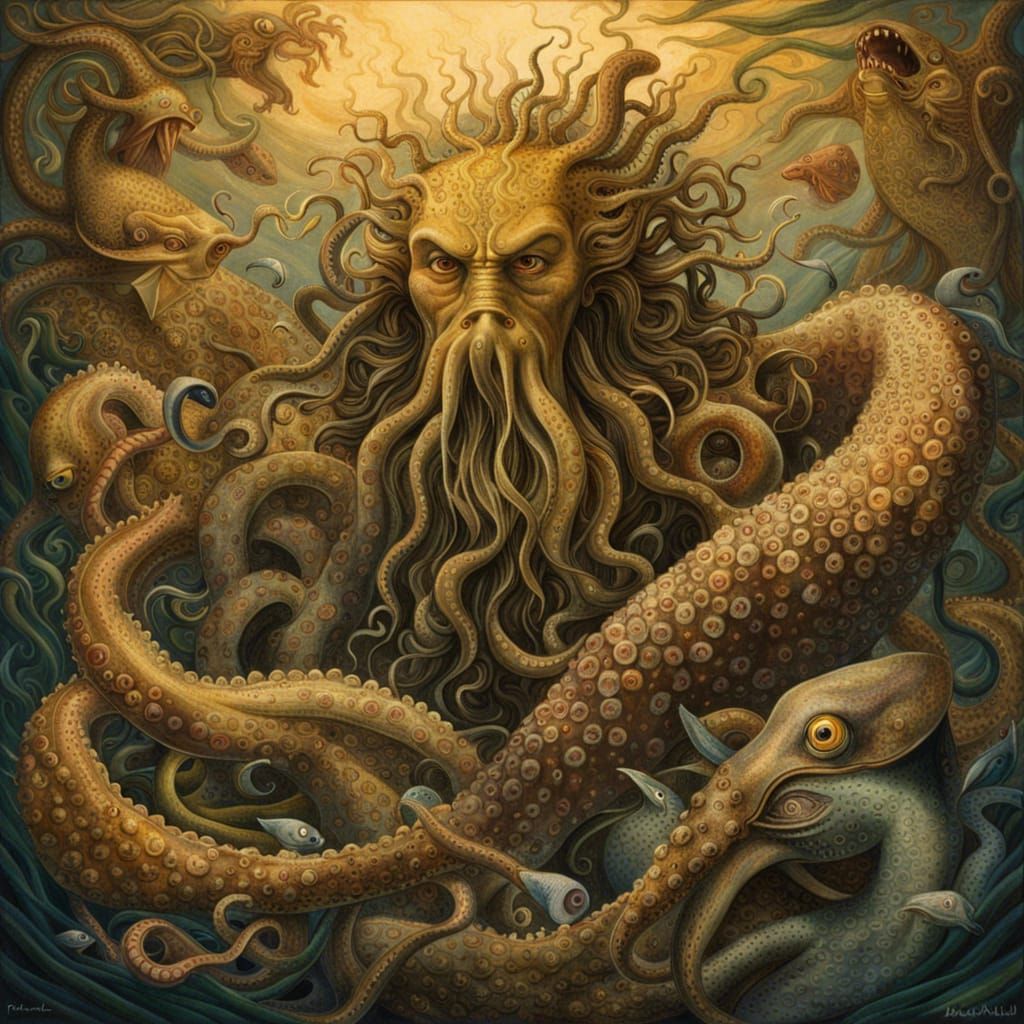 Golden Sea God Surrounded by Creatures of the Deep